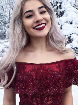 Beading Dark Red Satin Two Piece Off-the-Shoulder Prom Dress 