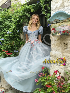 Shop 2026 ANNAKOO Puffy Sleeve A Line Square Tulle Blue Flower Prom Dress Under 189