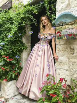 Shop 2026 ANNAKOO Off The Shoulder Flowers Satin A Line Prom Dress Under 259