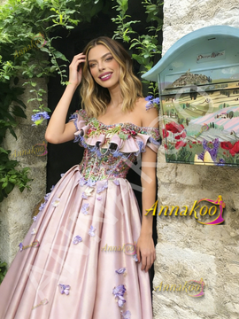 Shop 2026 ANNAKOO Off The Shoulder Flowers Satin A Line Prom Dress Under 259