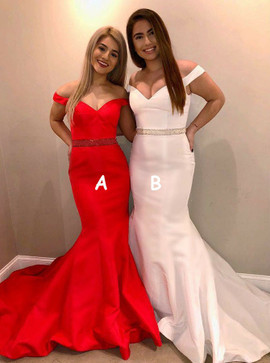 Beading Mermaid Off-the-Shoulder Red Satin Prom Dress