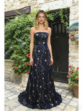 Shop ANNAKOO Navy Blue Trumpet Mermaid Tulle Star Strapless Prom Dress Under 198