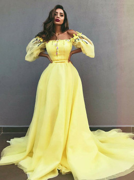 Appliques A-Line Off-the-Shoulder Yellow Tulle Prom Dress