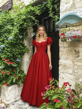 Shop 2026 ANNAKOO Red Satin Puffy Sleeve A Line Pearl Square Prom Dress Under 169
