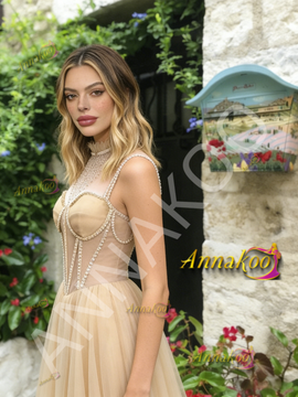 Shop 2026 ANNAKOO High Neck Tulle A Line Beading Champagne Prom Dress Under 189