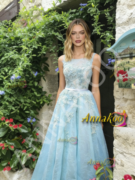 Shop 2026 ANNAKOO Ligth Blue Tulle Lace A Line Scoop Prom Dress Under 239