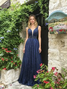 Shop 2026 ANNAKOO V Neck Beading Tulle A Line Blue Prom Dress Under 269