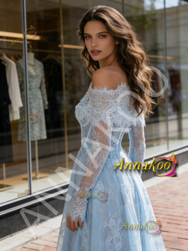 Shop 2026 ANNAKOO Off The Shoulder Long Sleeve Blue Lace Wedding Dress Under 239