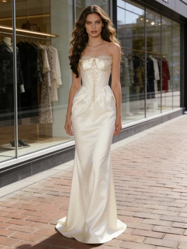 Shop 2026 ANNAKOO Ivory Lace Up Sheath Column Sweetheart Satin Wedding Dress Under 229