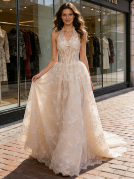 Shop 2026 ANNkoo Halter Champagne Lace A Line Wedding Dress Under 199