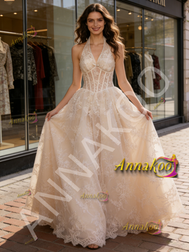 Halter Champagne Lace A Line Wedding Dress