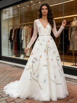 Shop 2026 ANNAKOO Long Sleeve Embroidery White Tulle V Neck Prom Dress Under 289