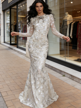 Shop 2026 ANNAKOO Silver Long Sleeve Trumpet Mermaid Scoop Prom Dress Under 289