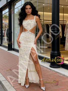 Shop 2026 ANNAKOO Straps A Line Lace Beading Champagne Cut Out Prom Dress With Slit Under 289