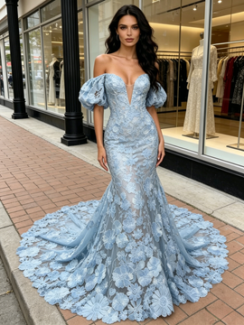 Shop 2026 ANNAKOO Blue Puffy Sleeve Mesh Trumpet Mermaid Lace Prom Dress Under 289