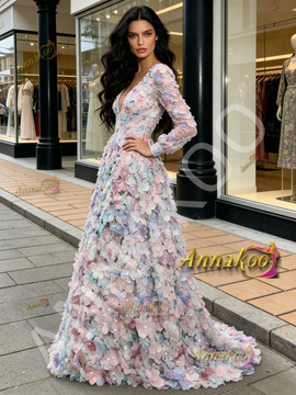 Shop 2026 ANNAKOO Long Sleeve V Neck Purple Flower A Line Prom Dress Under 289