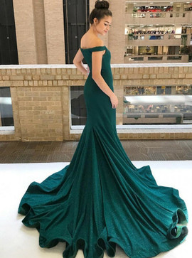 Green Beading Satin Mermaid Off-the-Shoulder Prom Dress 