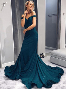 Green Beading Satin Mermaid Off-the-Shoulder Prom Dress 