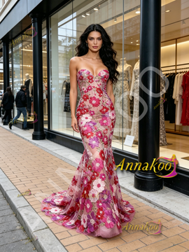 Shop 2026 ANNAKOO Fuchisa Sweetheart Trumpet Mermaid Floral Tulle Prom Dress Under 259
