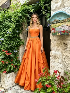 Shop 2026 ANNAKOO Orange Strapless Satin Ruffles Beading A Line Prom Dress Under 189
