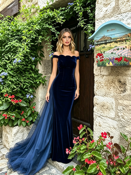 Shop 2026 ANNAKOO Royal Blue Velvet Off The Shouler Trumpet Mermaid Prom Dress Under 169