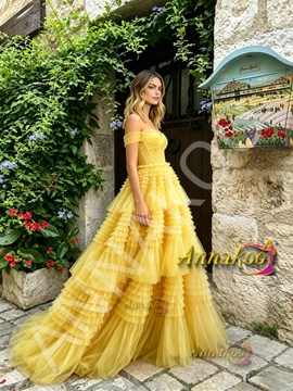 Shop 2026 ANNAKOO Yellow Off The Shoulder Layer Ruffles A Line Prom Dress Under 299