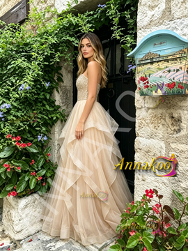 Spaghetti Straps Beading Ruffles Champagne Tulle Prom Dress