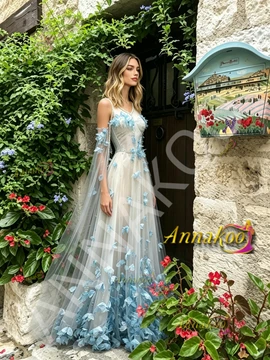 Shop 2026 ANNAKOO Butterfly Blue Tulle V Neck Pearl A Line Prom Dress With Shawl Under 239