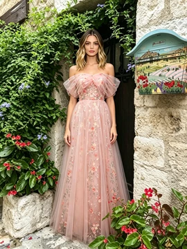 Shop 2026 ANNAKOO Pink Off The Shoulder Floral A Line Prom Dress Under 198