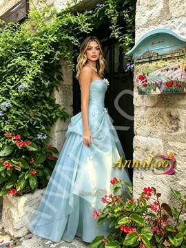 Shop 2026 ANNAKOO Sweetheart Light Blue Tulle Flowers Ruched Prom Dress Under 249