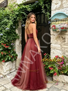 Shop 2026 ANNAKOO Halter Burgundy A Line Tulle Backless Prom Dress Under 159