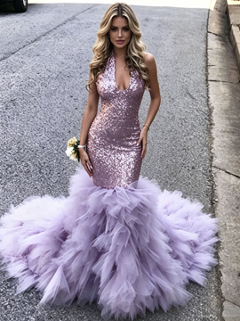 Shop 2026 ANNAKOO  V Neck Purple Sequin Trumpet Mermaid Ruffles Prom Dress Under 278