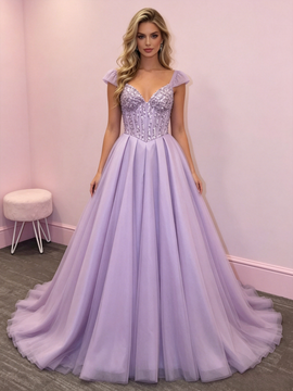 Shop 2026 ANNAKOO Purple Off The Shoulder Puffy Sleeves A Line Appliques Prom Dress Under 289