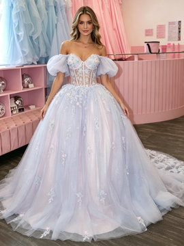 Shop 2026 ANNAKOO Purple Off The Shoulder Puffy Sleeves A Line Appliques Prom Dress Under 289