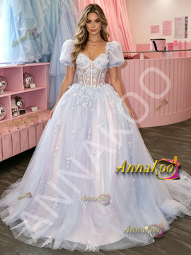 Shop 2026 ANNAKOO Short Sleeve Square Tulle Appliques Purple Prom Dress Under 229