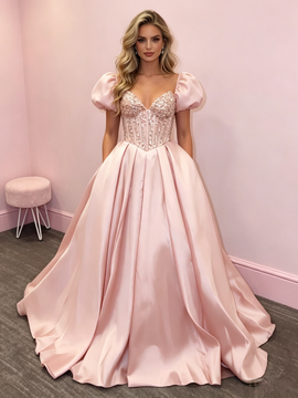 Shop 2026 ANNAKOO Pink Puffy Sleeve A Line Satin Beading Sweetheart Prom Dress Under 229