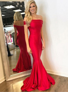 Red Satin Mermaid Off-the-Shoulder Long Prom Dress