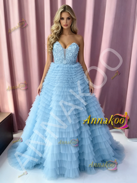 Shop 2026 ANNAKOO Blue Sweetheart Tulle Flower A Line Prom Dress Under 278