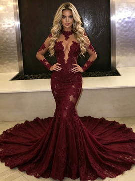 Shop 2026 ANNAKOO Burgundy Long Sleeves High Neck Tulle Lace Prom Dress Under 278