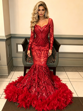 Shop 2026 ANNAKOO Long Sleeve Red Trumpet Mermaid Sequin Ruffles Prom Dress Under 289