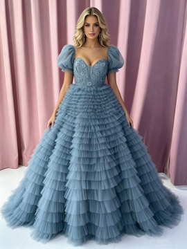 Shop 2026 ANNAKOO Puffy Sleeves A Line Flower Layers Blue Tulle Prom Dress Under 279