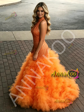 Shop 2026 ANNAKOO Halter Sequin Orange Trumpet Memraid Ruffles Prom Dress Under 379