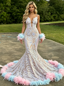 Shop 2026 ANNAKOO Sequin Spaghetti Straps White Feather Trumpet Mermaid Prom Dress Under 339