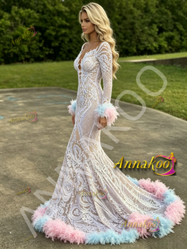 Shop 2026 Annakoo V Neck Long Sleeve Sequin Feather Trumpet Mermaid Prom Dress Under 349