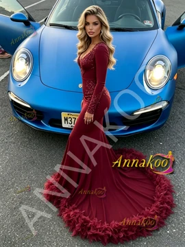 Shop 2026 ANNAKOO Burgundy Velvet  V Neck Trumpet Mermaid Long Sleeve Appliques Feather Prom Dress Under 378