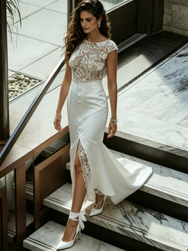 Shop 2026 ANNAKOO Scoop Lace Sheath Column Tulle Wedding Dress With Slit Under 239