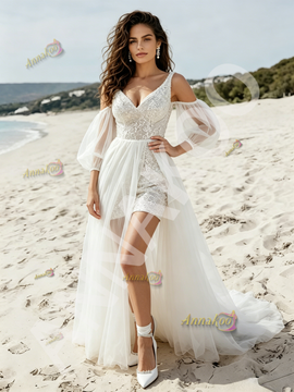 V Neck Sequin Tulle Short Detachable Sleeves Wedding Dress