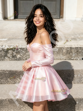 Pink Sweetheart Satin A Line Long Sleeve Homecoming Dress