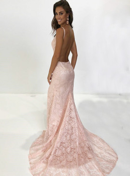  Backless Pink Lace Mermaid Spaghetti Straps Prom Dress