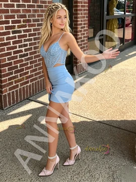 Blue Spaghetti Strap Sequin Bodycon Cut Out Homecoming Dress